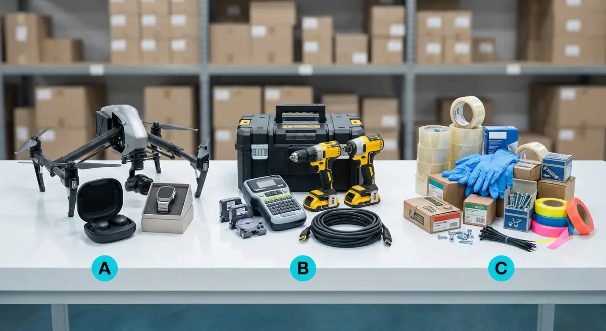 Analisis ABC mengelompokkan SKU ke dalam tiga tingkat berdasarkan dampak nilai - sedikit item mendorong sebagian besar nilai. Tiga kelompok produk ditata di atas meja gudang menunjukkan klasifikasi ABC: kelompok kecil item A bernilai tinggi, kelompok sedang item B, dan kelompok besar item C berbiaya rendah.