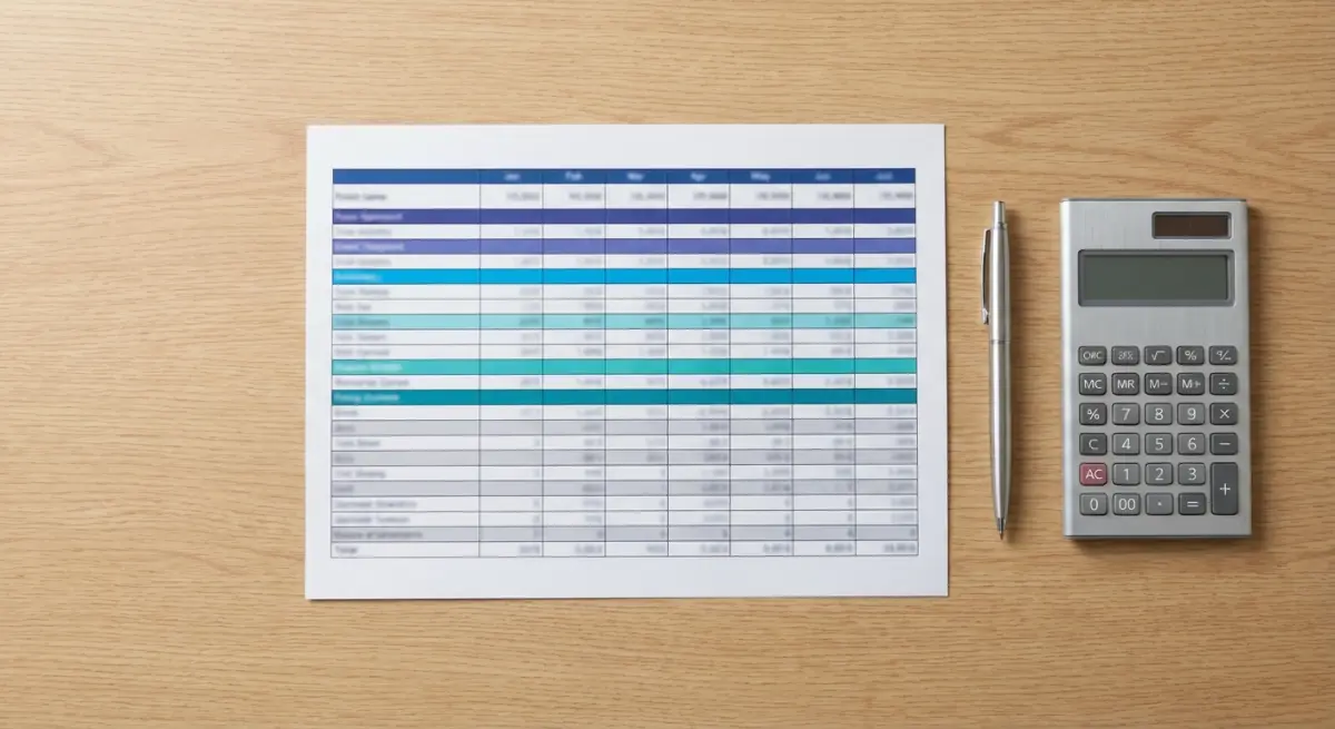 Spreadsheet sederhana sudah cukup - urutkan berdasarkan nilai tahunan, hitung persentase kumulatif, dan tetapkan kelas. Spreadsheet tercetak di atas meja yang menunjukkan analisis inventaris ABC dengan kolom untuk SKU, permintaan tahunan, biaya unit, nilai tahunan, persentase kumulatif, dan kelas A/B/C, diberi kode warna per tingkat.