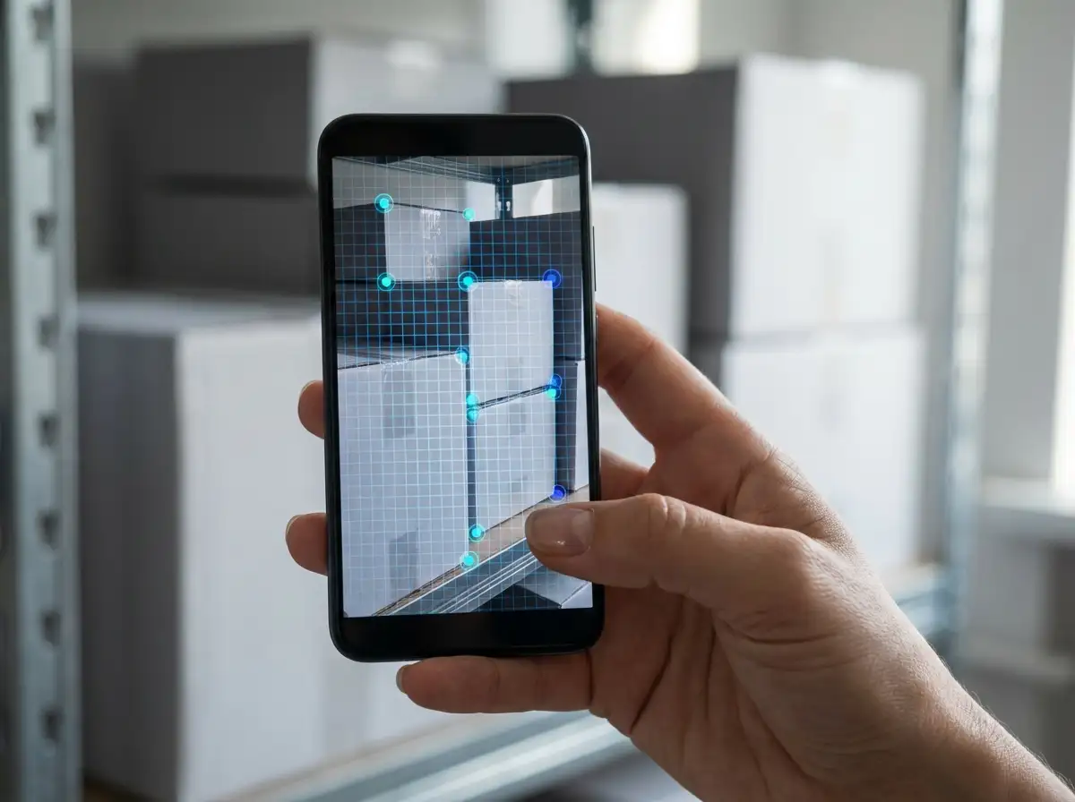 AI models return a count plus a visual overlay, so you can verify exactly what was detected. Smartphone screen showing an AI detection overlay with colored markers on each box in a warehouse pallet stack.