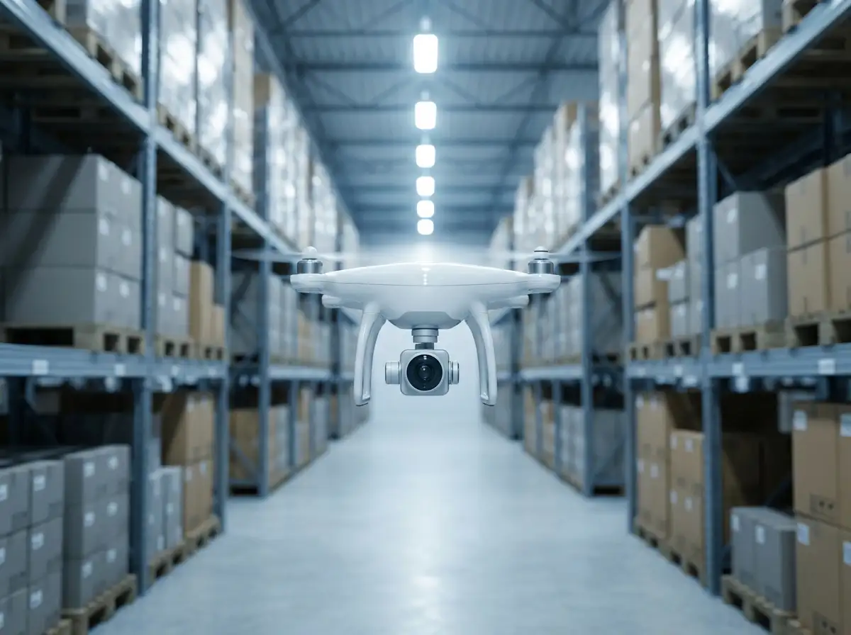 Autonomous drones scan hundreds of pallet positions per hour without interrupting warehouse operations. Autonomous drone flying through a high-bay warehouse aisle, scanning pallets on tall racking with an onboard camera.