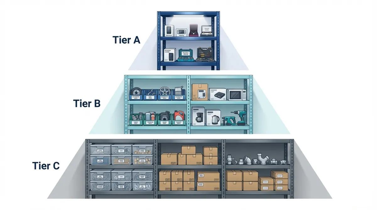 ABC inventory classification pyramid showing Tier A high-value items at the top, Tier B mid-range items in the middle, and Tier C bulk items at the bottom.