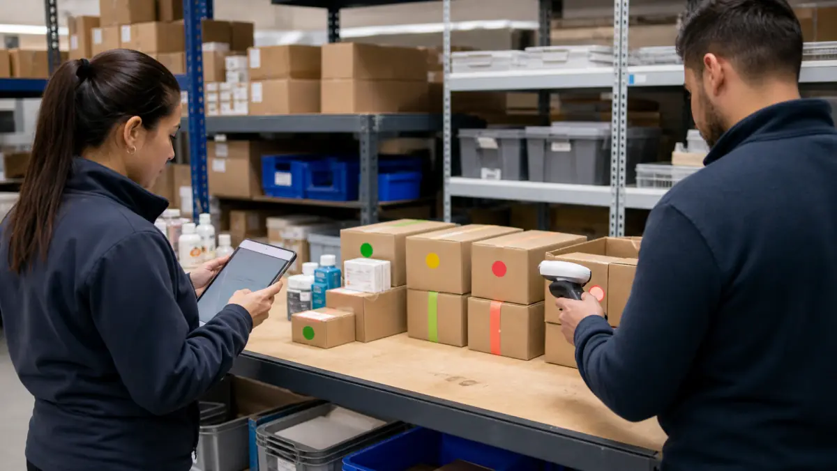 Warehouse team reviewing slow-moving inventory on a worktable with cartons, colored markers, a tablet, and a barcode scanner.