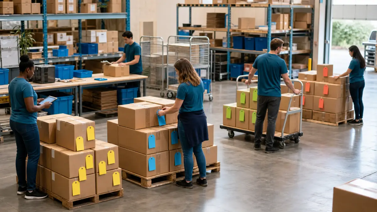 Warehouse workers sorting stale cartons into neat groups on pallets and carts for different clearance decisions.