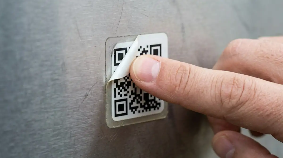 Overlay attacks are simple. If the scan point is public, inspection has to be public-facing too. Close-up of a hand lifting the edge of a suspicious sticker placed over a QR code on a metal surface.