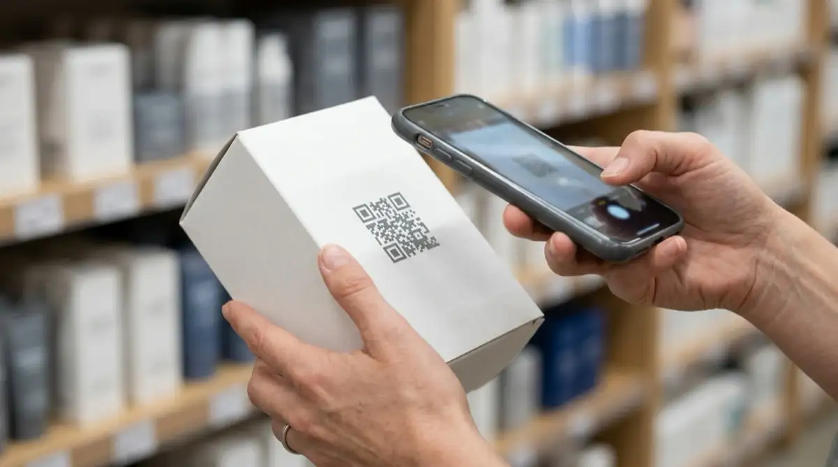 Once the shopper is the scanner, the code on the pack becomes a public web entry point, not just a backroom data carrier. Customer scanning a plain product package with a square 2D barcode using a smartphone in a store setting.
