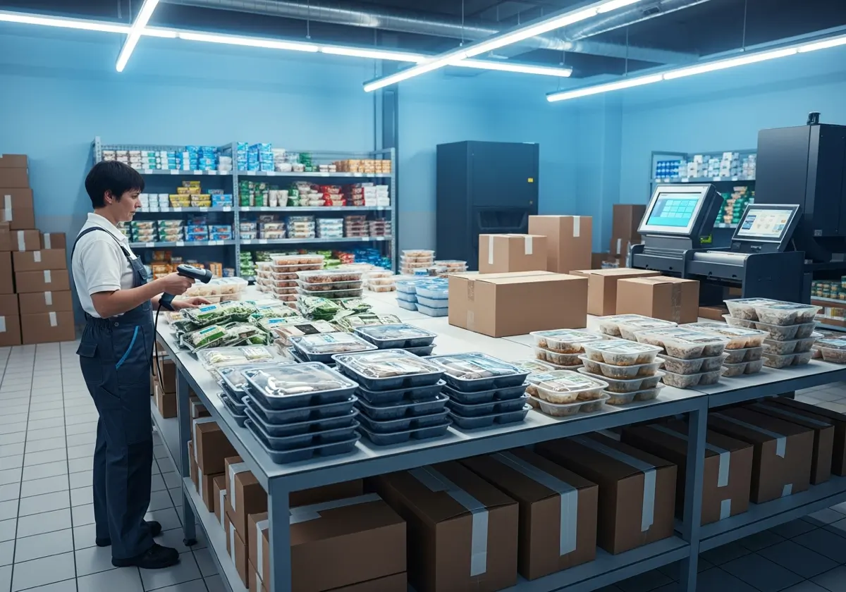 Richer barcode data can make expiry checks, markdowns, and targeted recalls faster in real operations. Receiving table with packaged food trays and cartons being scanned for batch and expiry control in a grocery backroom.