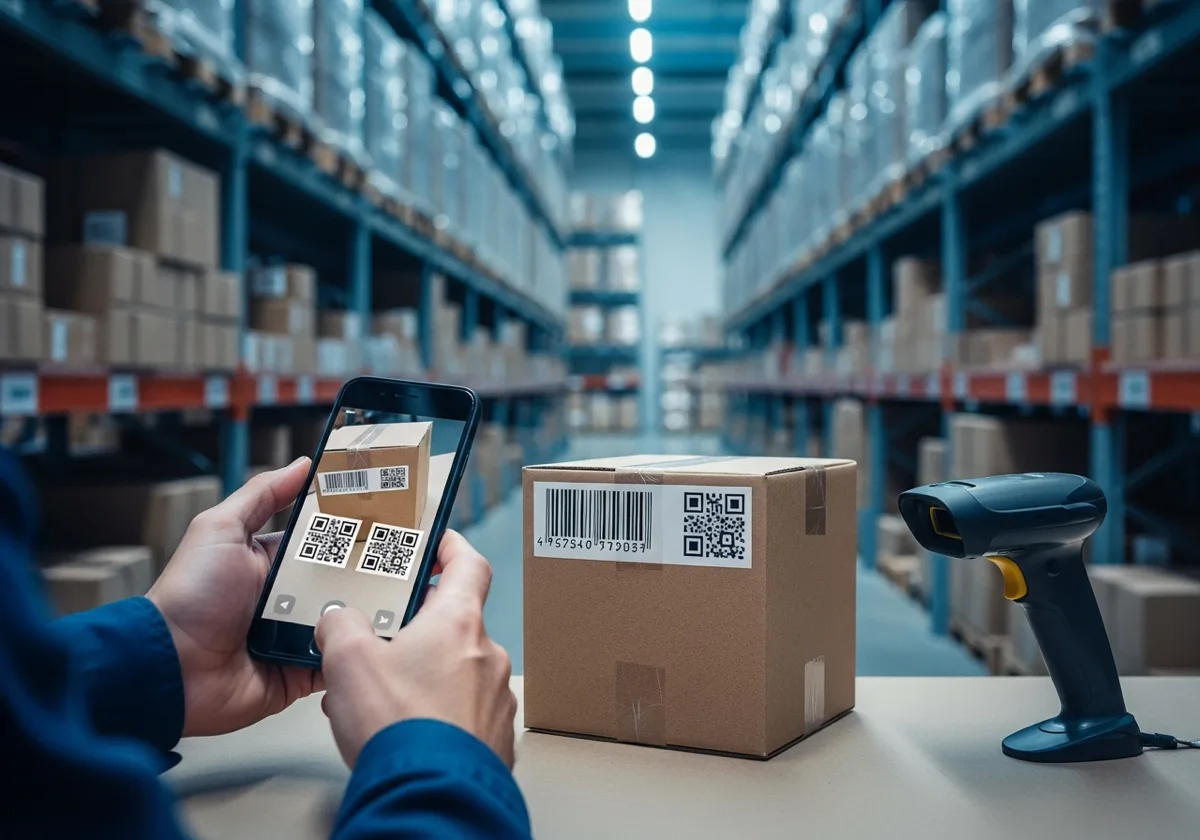 A smartphone is already a camera-based imager, which makes it a practical way to pilot 2D barcode workflows before a wider hardware refresh. Hands using a smartphone to scan a dual-marked carton with both linear and 2D barcodes in a warehouse aisle beside a handheld scanner.