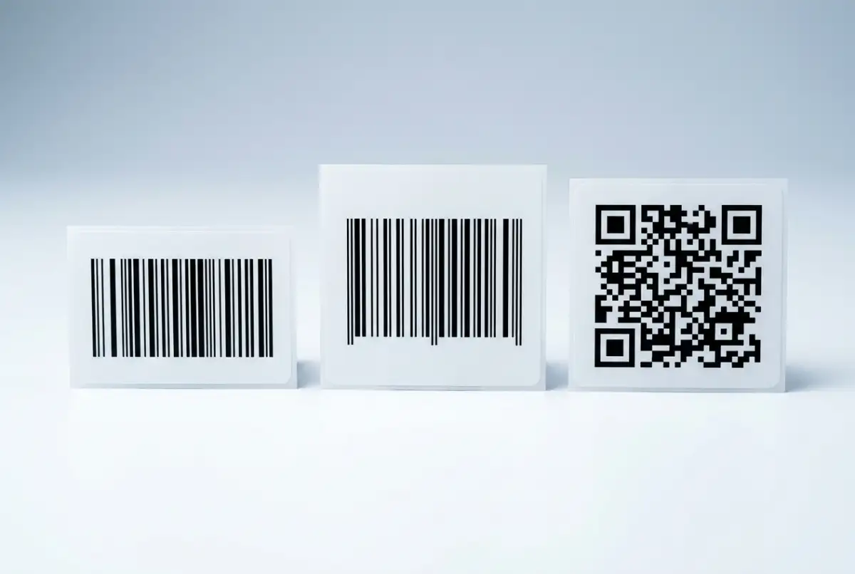 Code 128 (left), EAN-13 (center), and QR (right). Each symbology suits a different use case. Three barcode label types side by side: a linear Code 128 barcode, a taller EAN-13 retail barcode, and a square QR code, each printed on white label stock.