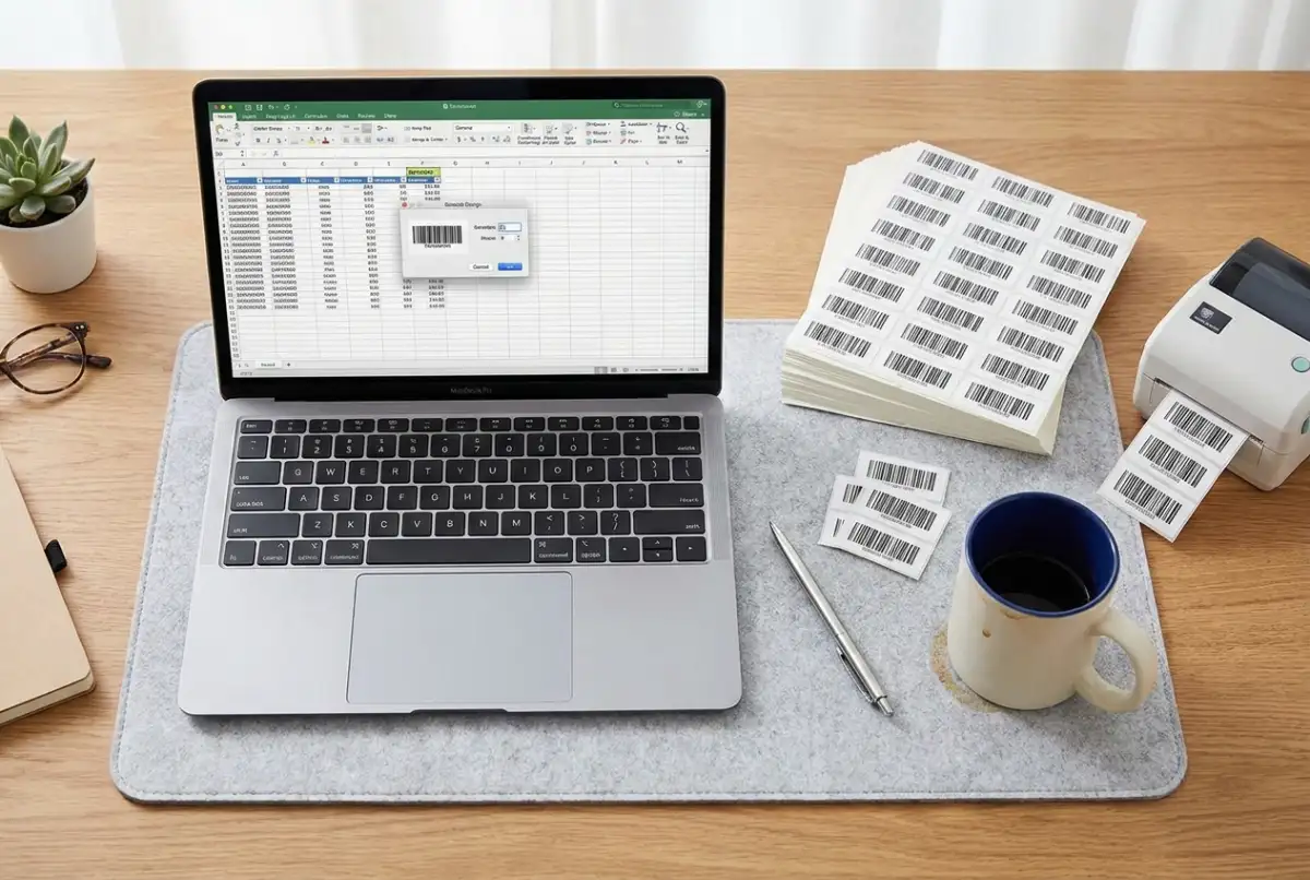 A typical label workflow: spreadsheet data on screen, printed barcode labels ready for application. Overhead view of a workspace with a laptop showing a spreadsheet and barcode generation dialog, a stack of printed barcode label sheets, and a thermal printer.