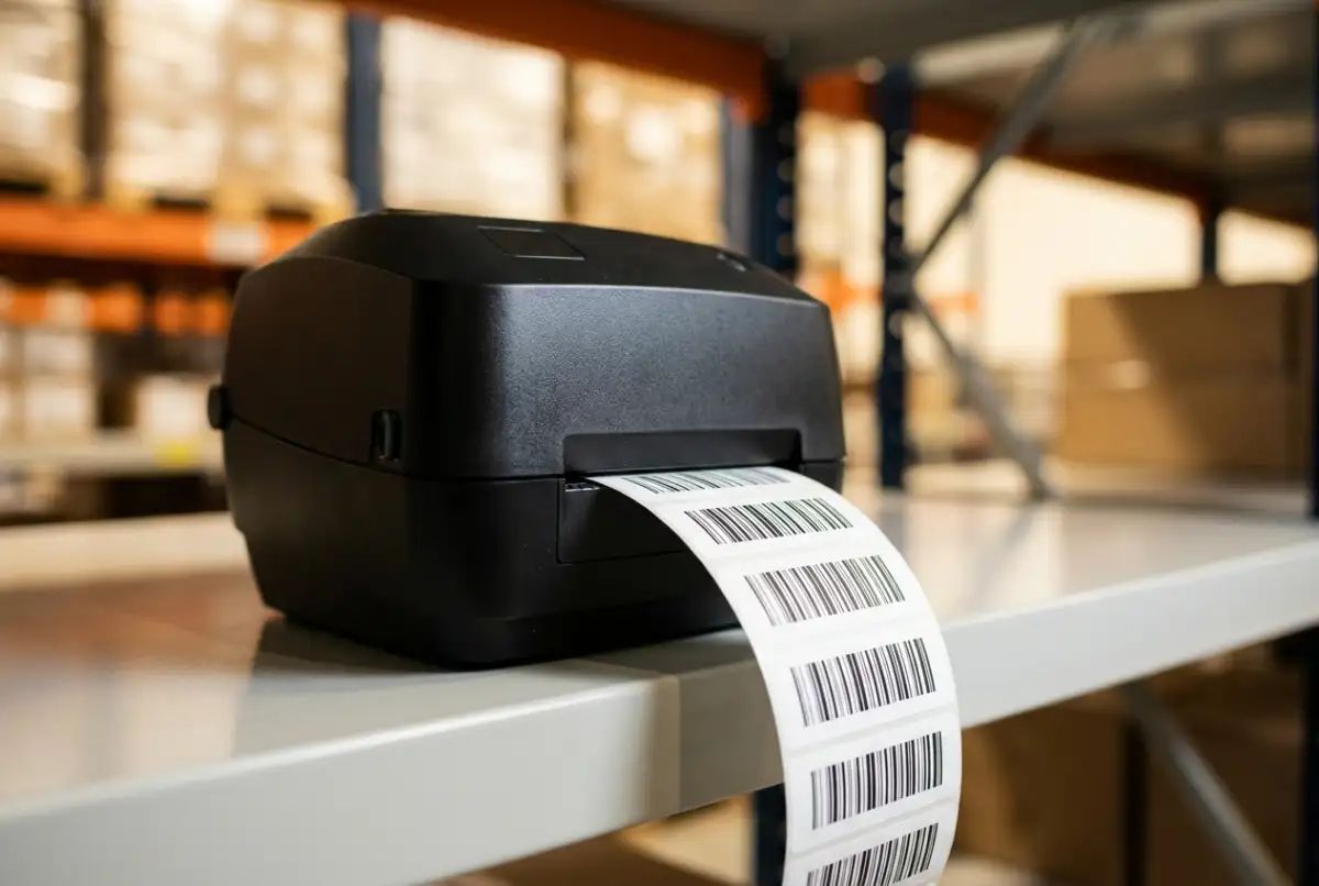 Thermal printers output sharp barcode labels at high speed with no ink or toner required. A compact black thermal label printer on a warehouse shelf, printing a continuous roll of barcode labels with racking and inventory visible in the background.