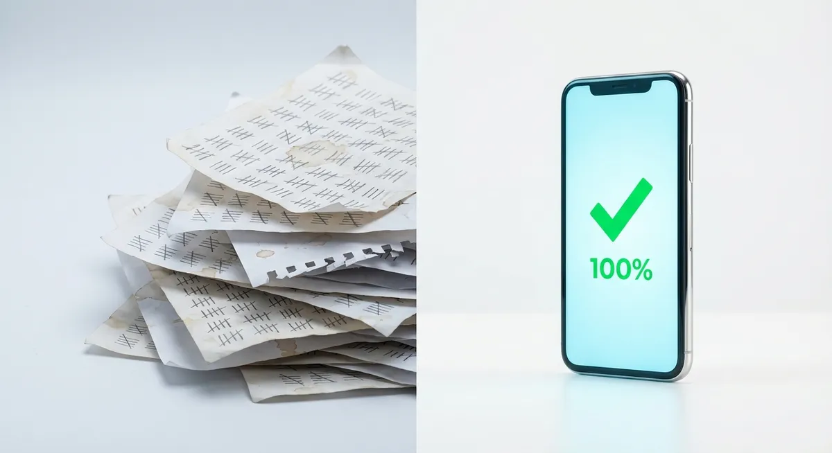 Digital tools replace the anxiety of paper sheets with instant accuracy. Comparison of messy paper inventory counting versus clean digital scanning on a smartphone