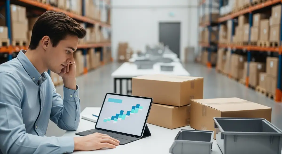 Addetto alla pianificazione dell'inventario che esamina semplici pattern di domanda su un tablet a un tavolo di lavoro in magazzino accanto a cartoni e contenitori.