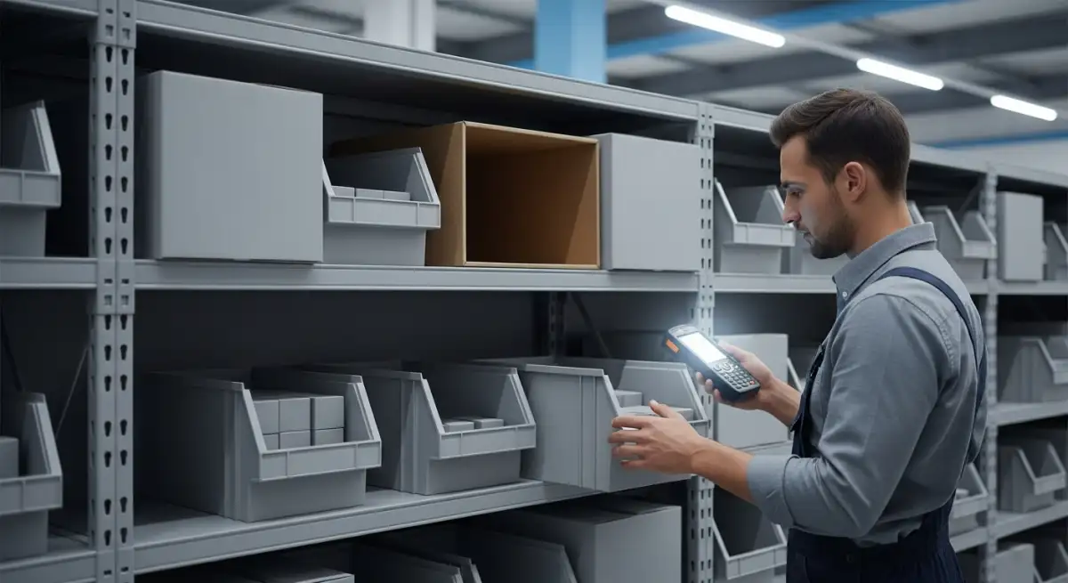 Addetto di magazzino che scansiona uno scaffale parzialmente vuoto con contenitori semplici, evidenziando che le vendite perse possono nascondere la domanda reale.