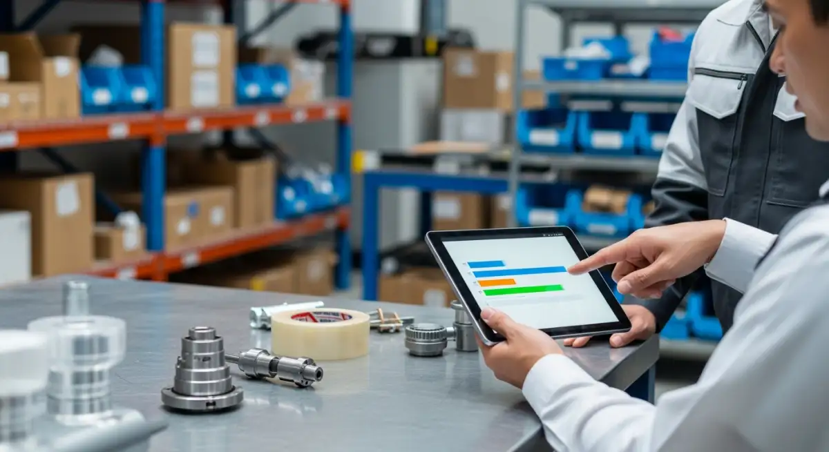 Personale operativo che esamina un tablet con semplici barre della domanda durante una breve riunione a bordo magazzino.