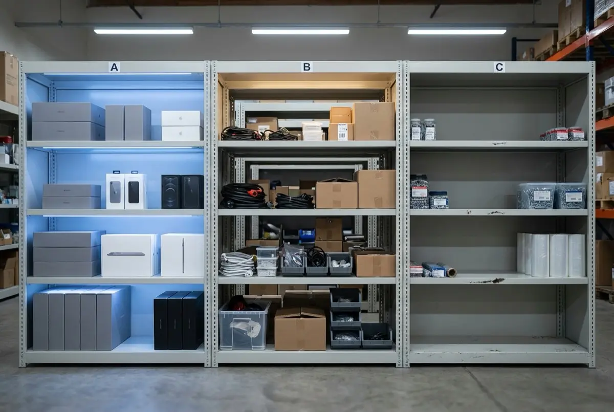 Three warehouse shelving sections showing A, B, and C inventory classes with decreasing stock density from left to right