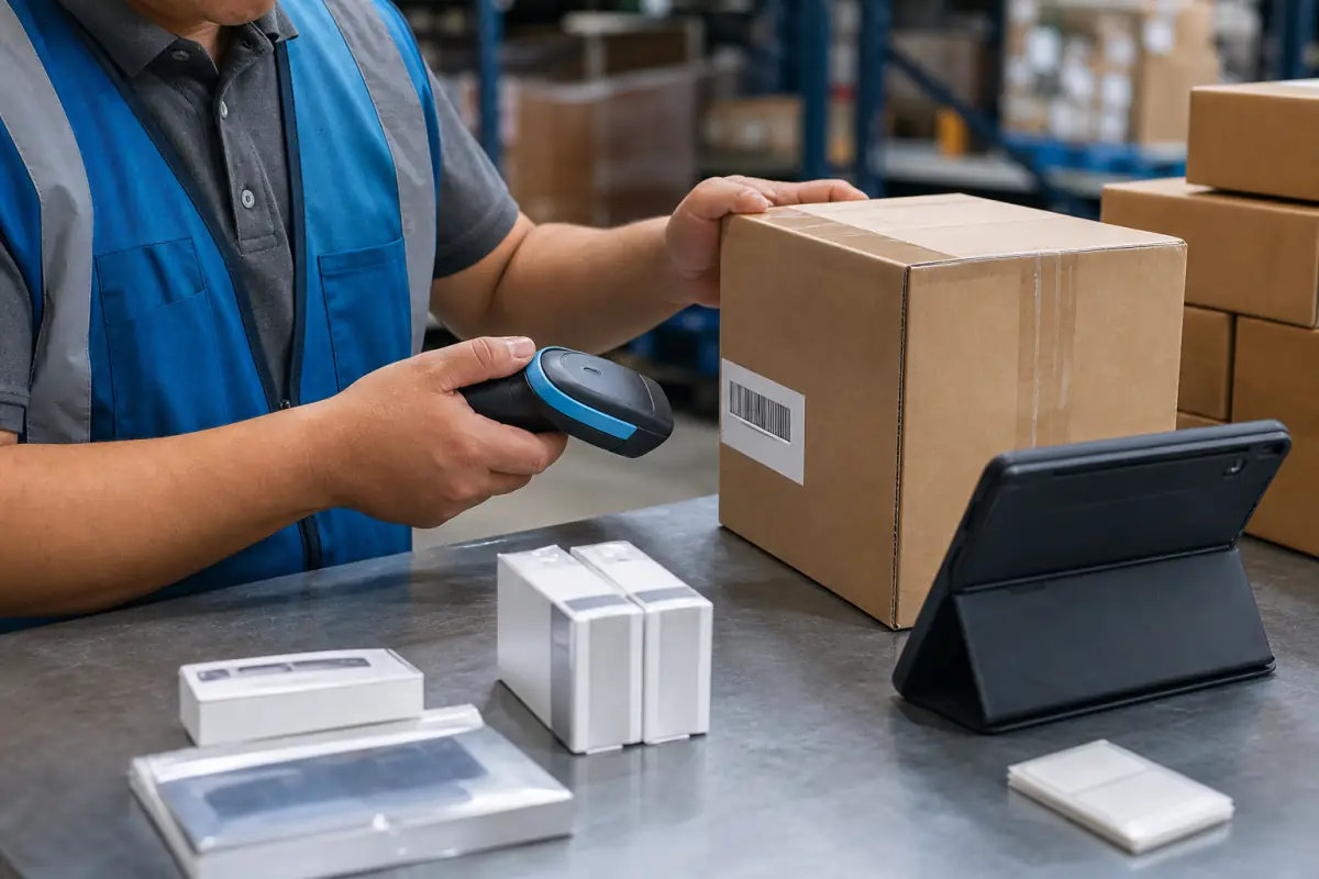 Mitarbeiter scannt einen Barcode auf einem Karton an einem Prüftisch, daneben ein Tablet und Musterprodukte.