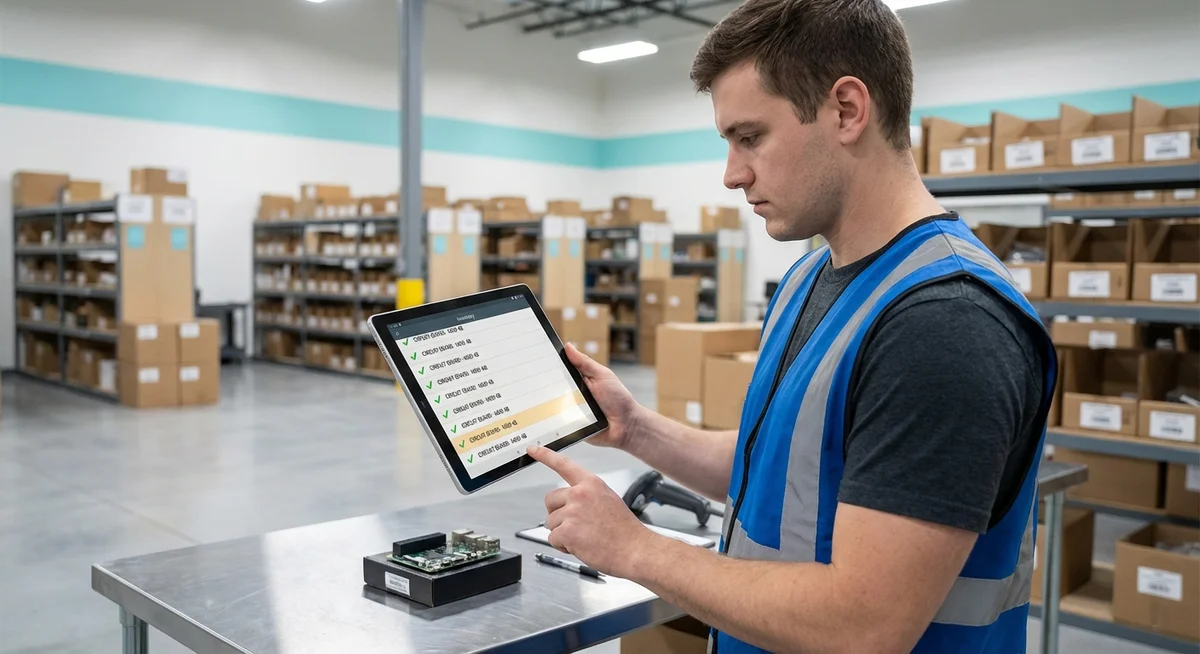 Person checking physical inventory against a digital list on a tablet